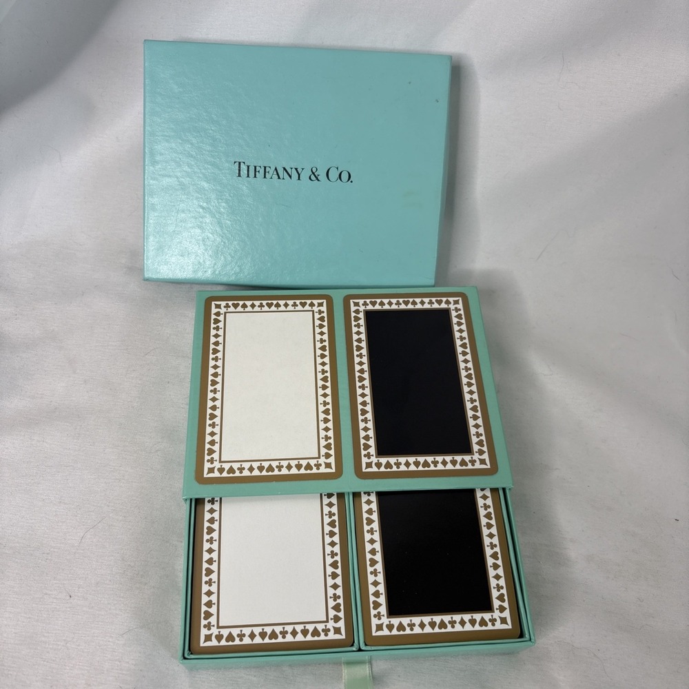 Vtg Tiffany & Co Double Deck Playing Cards Black & White Gold Trim Box Complete